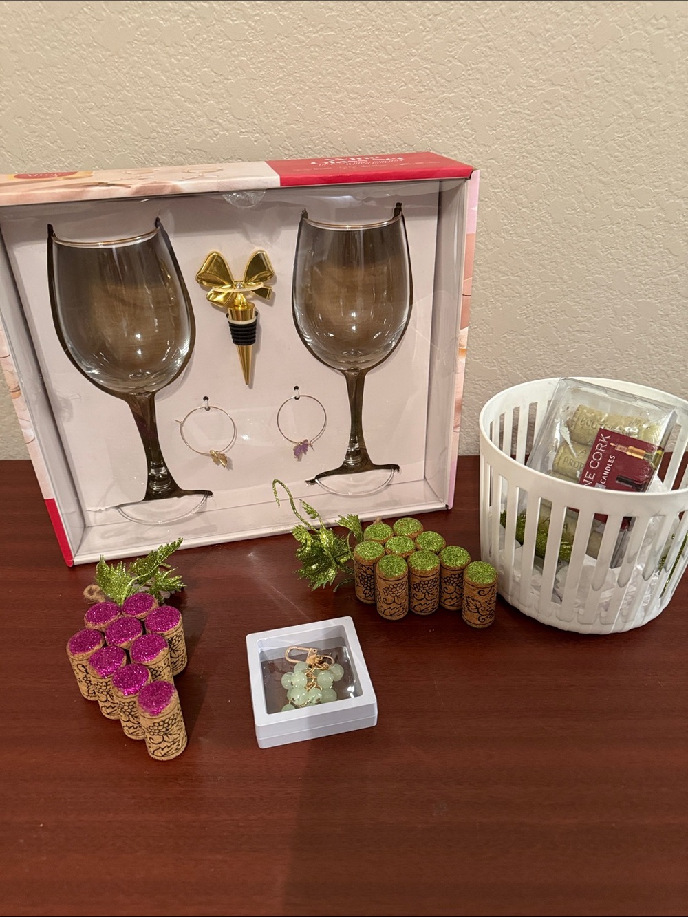 Assorted Glitter Wine Cork Decorations with White Basket & Wine Glasses